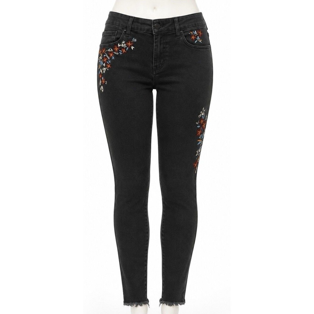 Massimo Curvy Skinny Jeans 18S Black Floral Embroidered Raw Hem Boho